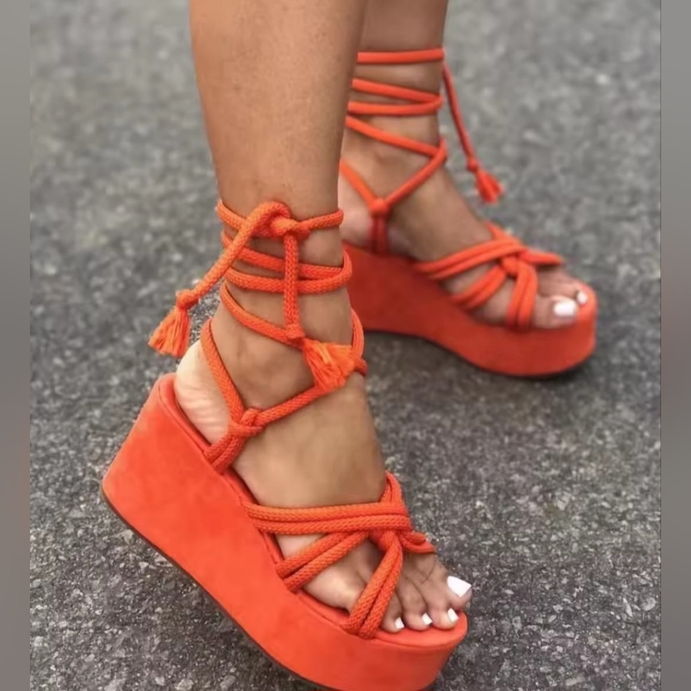 Women’s Orange Rope Tie Wedge Sandals